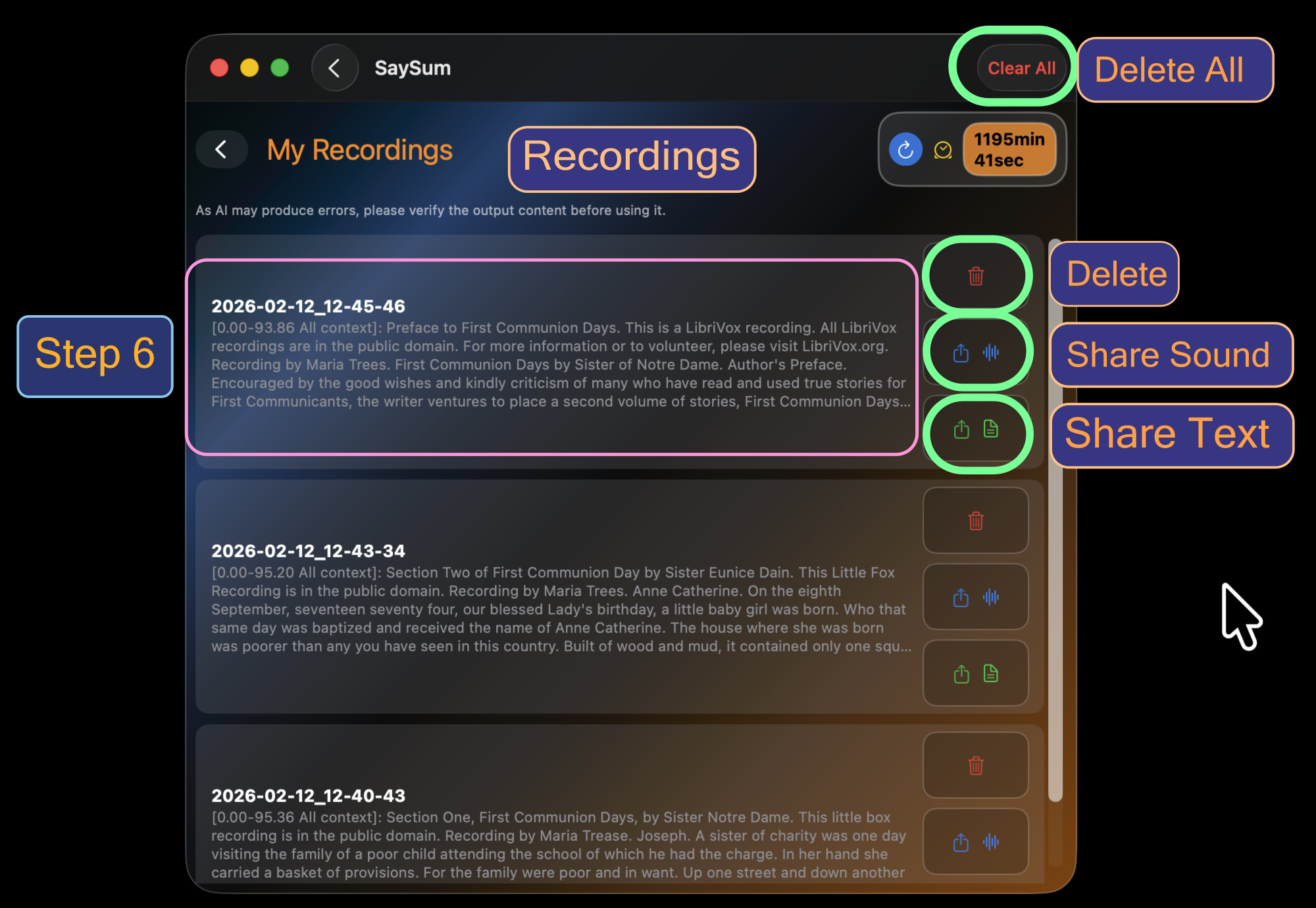 Step 6: My Recordings management: Clear All, Delete, Share Sound, Share Text