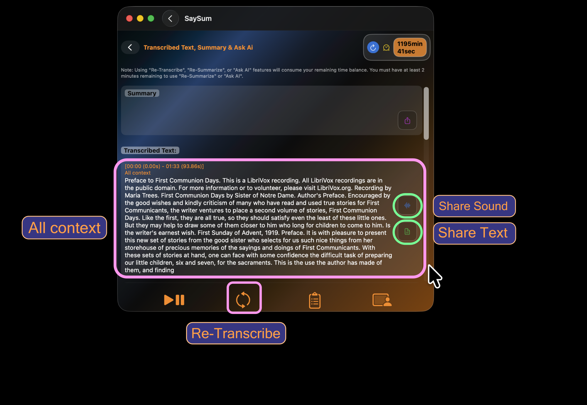 Transcribed Text page: All context, Re-Transcribe, Share Sound, Share Text