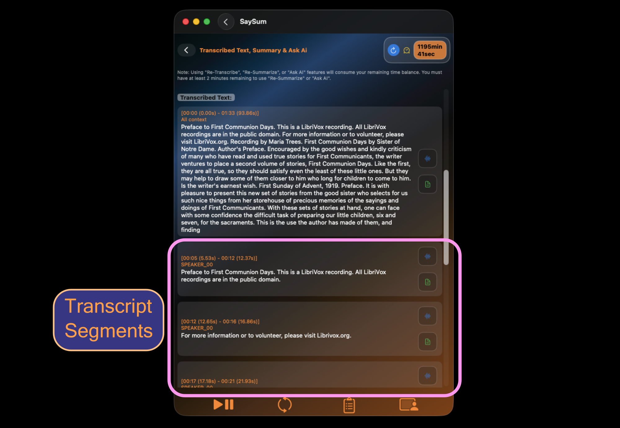 Transcript segments with playback controls