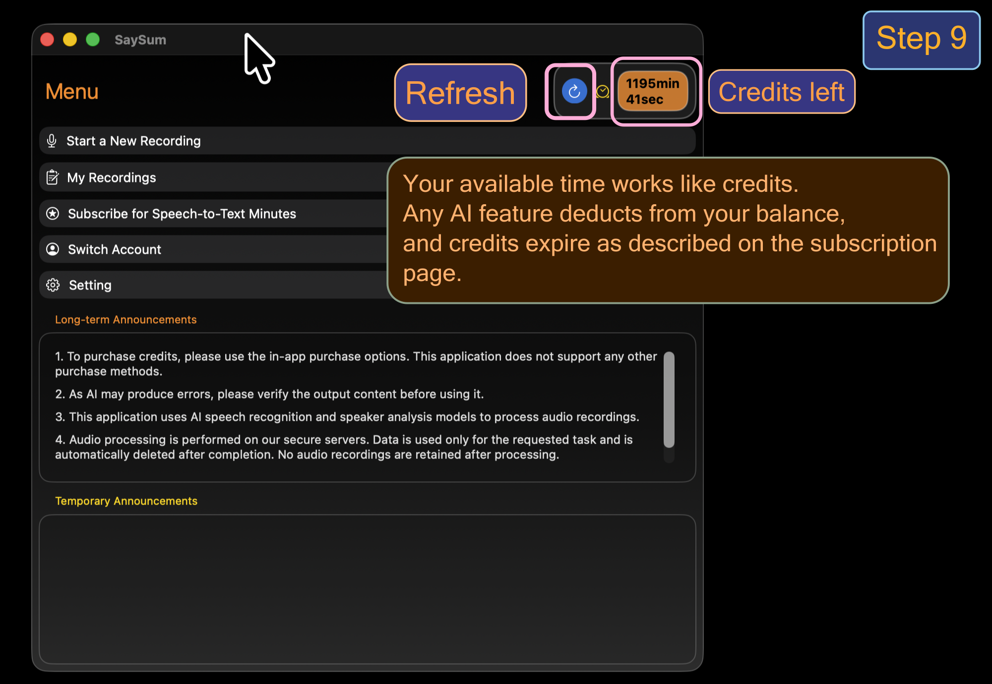 Step 9: Refresh and credits left